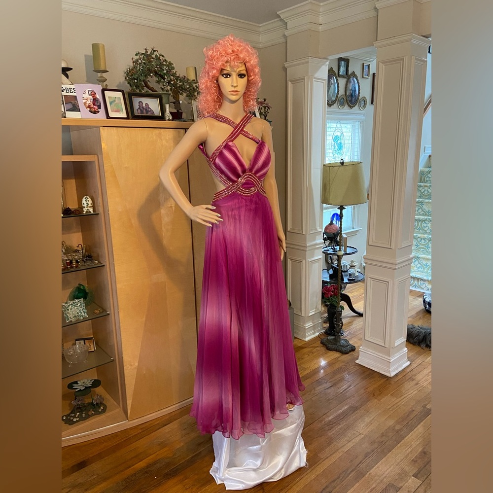 Rhinestone Studded Raspberry colored Evening Gown - Picture 2 of 12